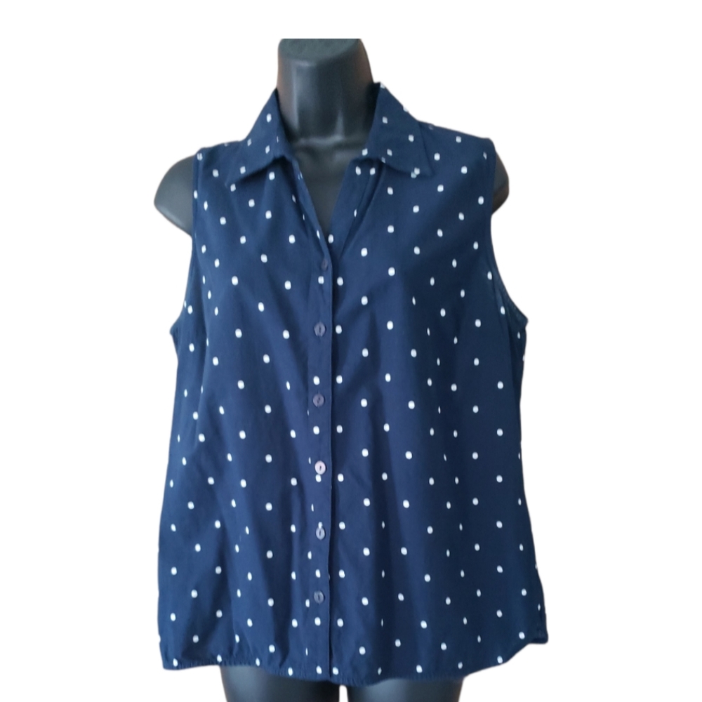 Navy blue white polkadot sleeveless button-down tank top